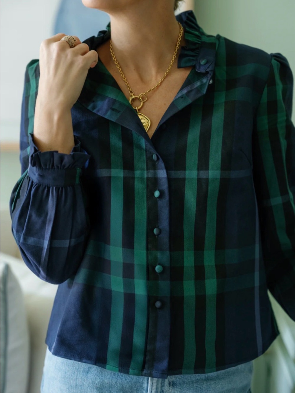 Duffield Lane Women's MILLER TOP NAVY PLAID ruffle collar Size S NWT MSRP $197 - Picture 3 of 14